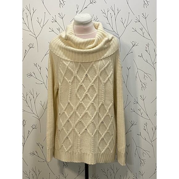 IVANKA TRUMP Cream Cowl Neck Soft Knit Sweater Large Pearl & Rhinestone Detail - Picture 2 of 6